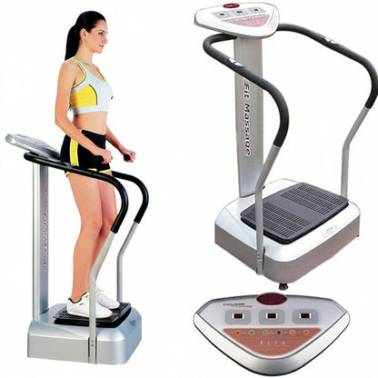 Woman using a vibration plate machine on a white background