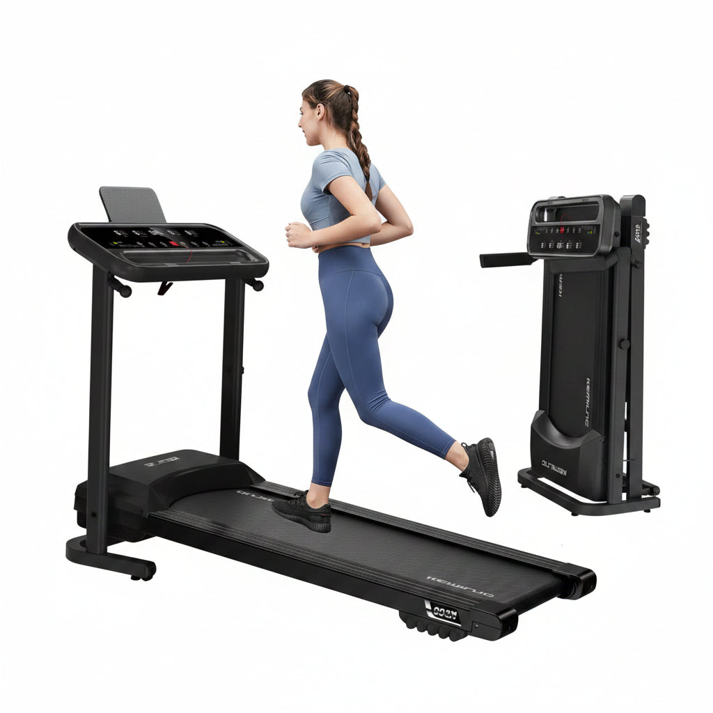 running on a treadmill with a control panel and brand name visible