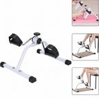 White and black exercise bike with inset images showing its use.