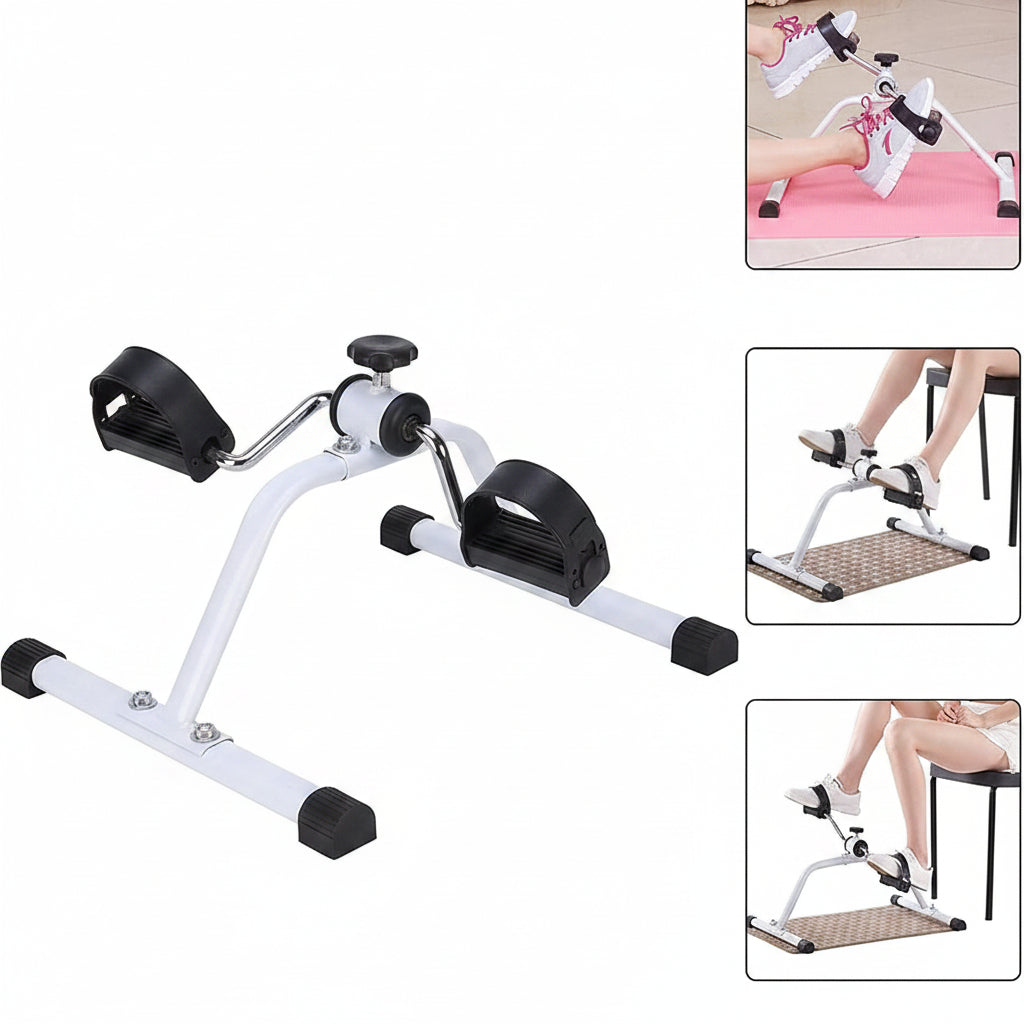 White and black exercise bike with inset images showing its use.