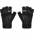 Pair of black Under Armour gloves on a white background