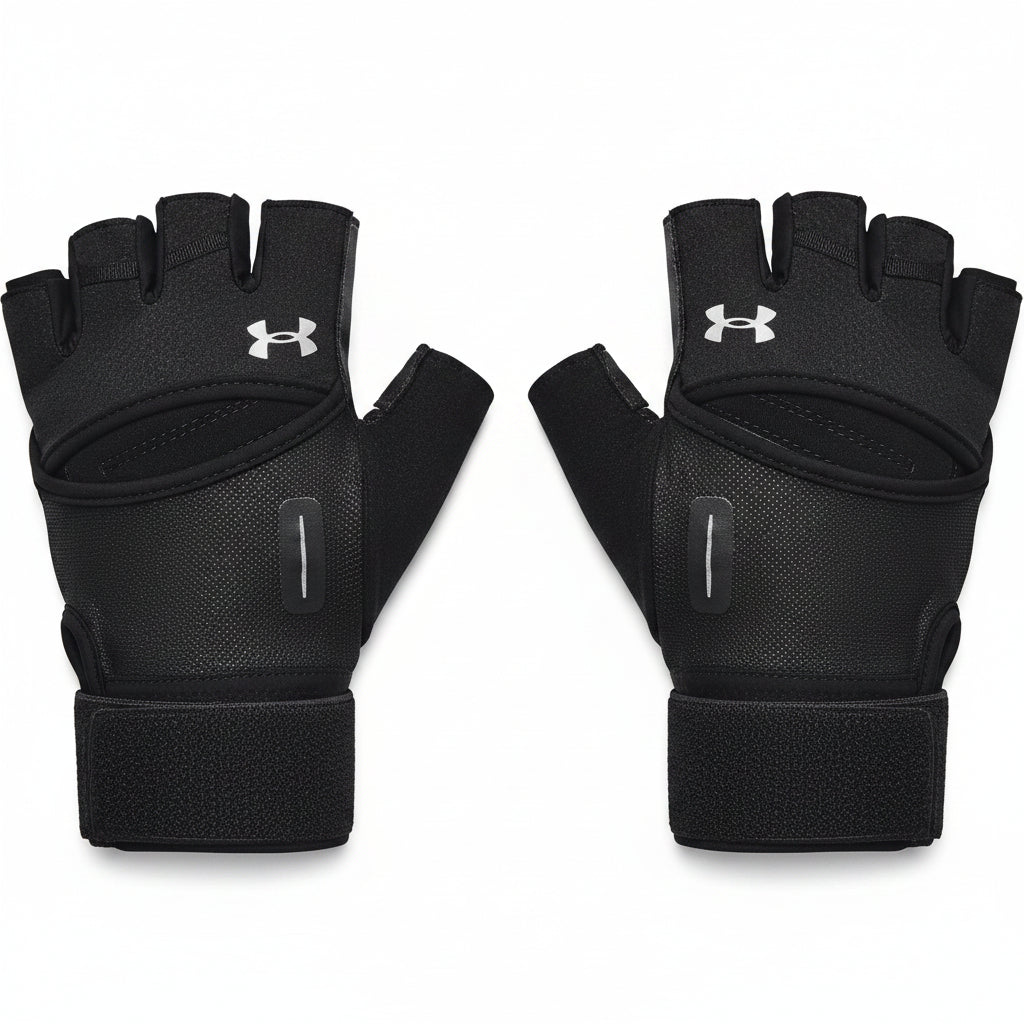 Pair of black Under Armour gloves on a white background