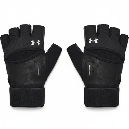 Pair of black Under Armour gloves on a white background