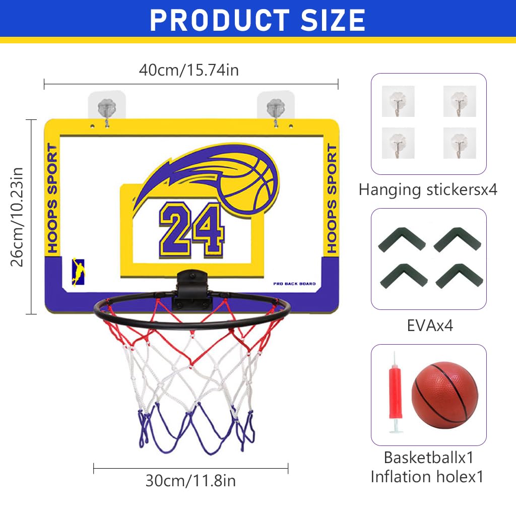 Product size diagram for a Hoops Sport basketball backboard set, showing the backboard and hoop with dimensions labeled 40cm wide by 26cm high, plus included accessories: four hanging stickers, four EVAs, and a basketball with inflation hole tool.