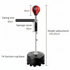 Measurement chart of a adjustable punching bag with labeled parts on a white background