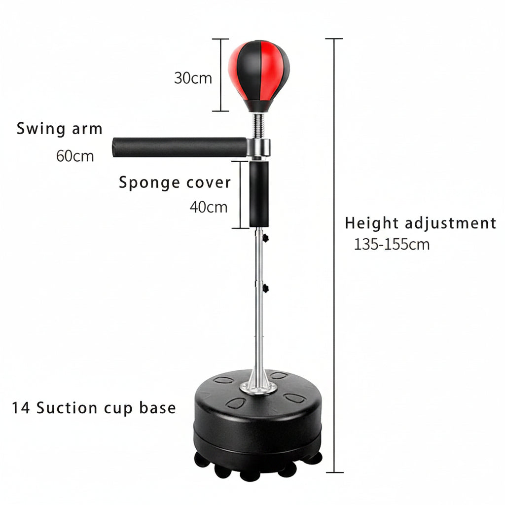 Measurement chart of a adjustable punching bag with labeled parts on a white background