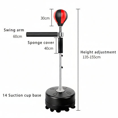 Measurement chart of a adjustable punching bag with labeled parts on a white background