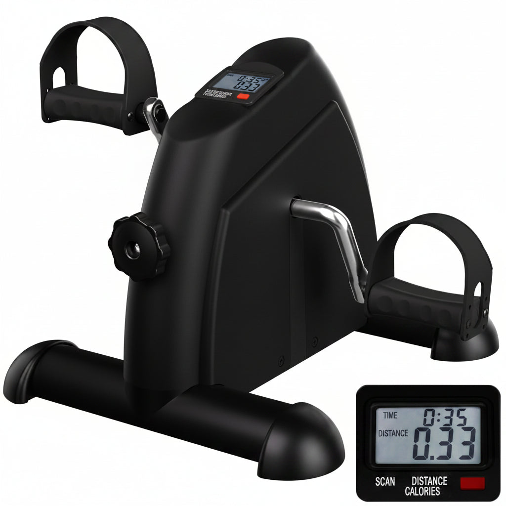 Black mini exercise bike with digital display on a white background
