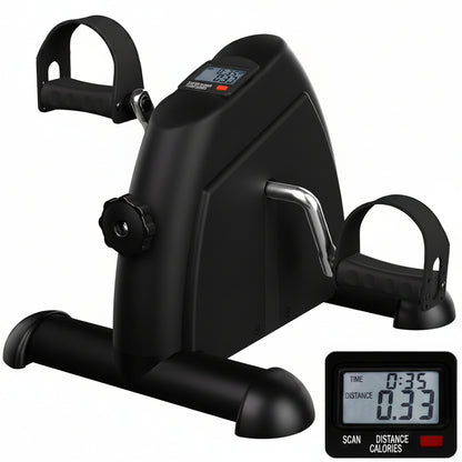 Black mini exercise bike with digital display on a white background