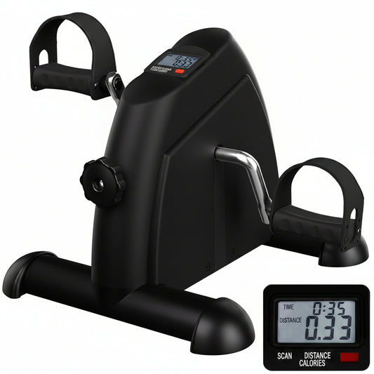 Black mini exercise bike with digital display on a white background
