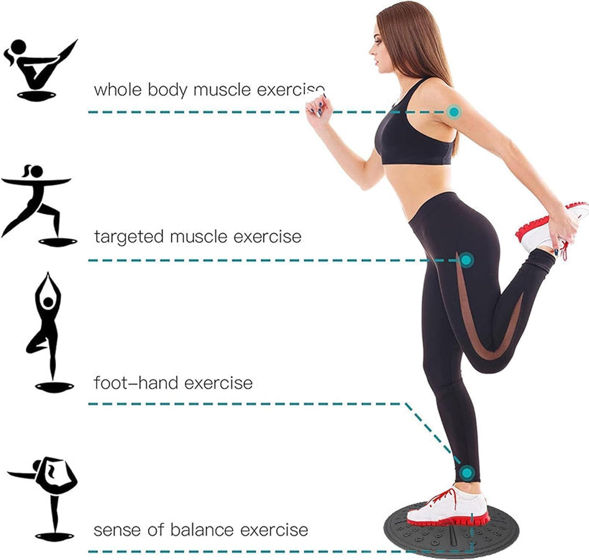 balance board with instructional graphics of different exercises.