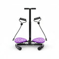 Purple exercise stepper with black handles and a woman using it indoors.