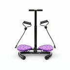 Purple exercise stepper with black handles and a woman using it indoors.