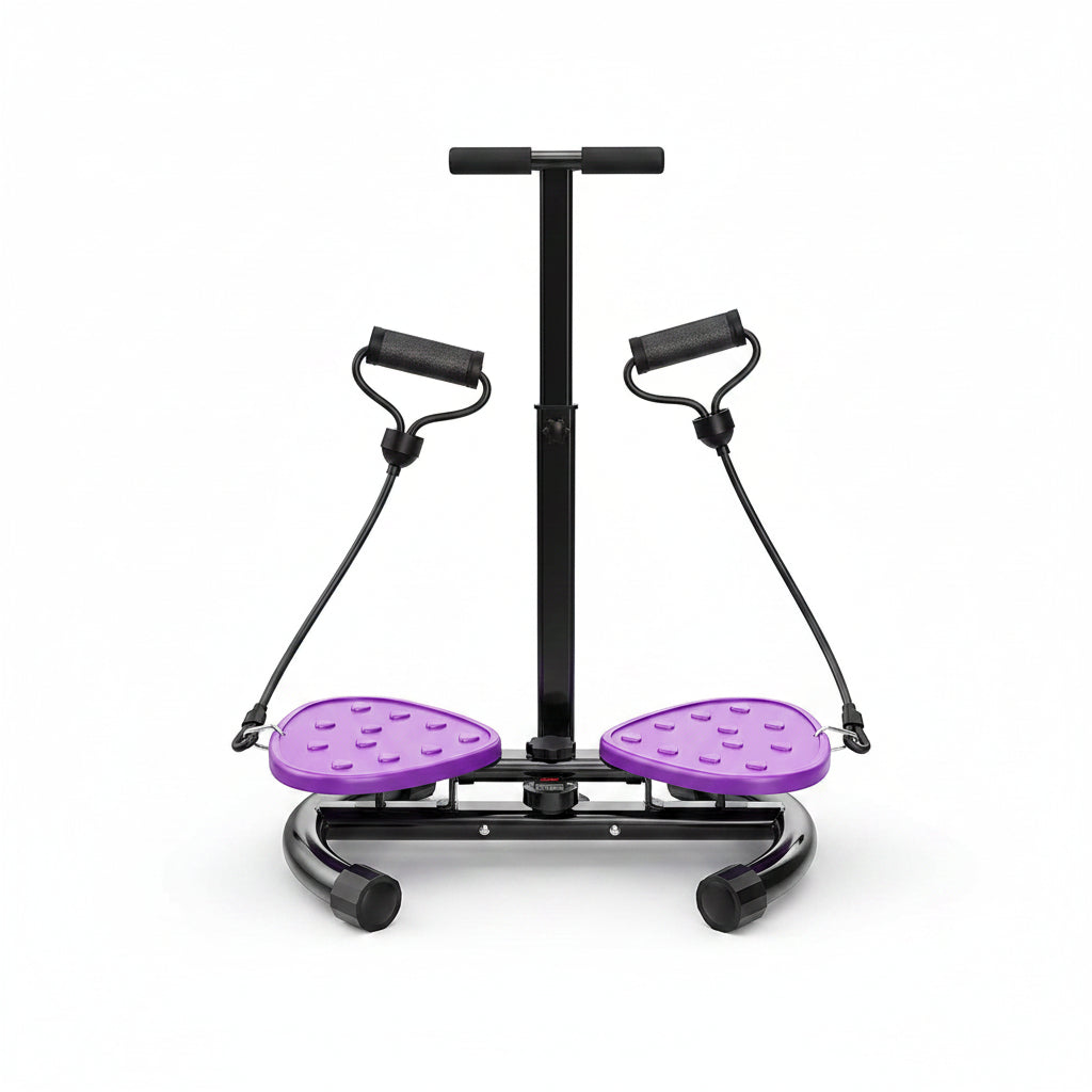 Purple exercise stepper with black handles and a woman using it indoors.