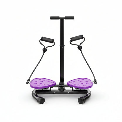 Purple exercise stepper with black handles and a woman using it indoors.