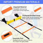 Yellow and black agility ladder with text highlighting imported materials and features.