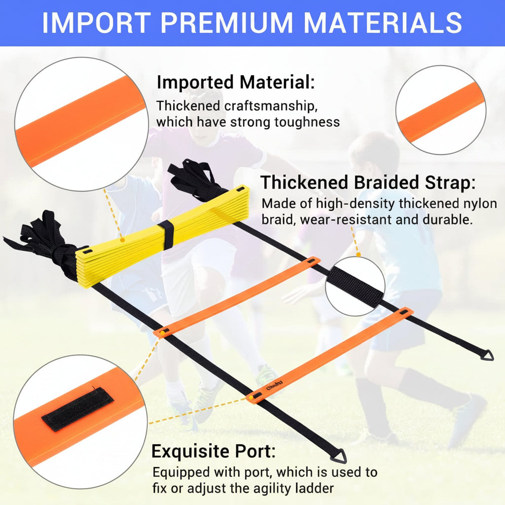 Yellow and black agility ladder with text highlighting imported materials and features.