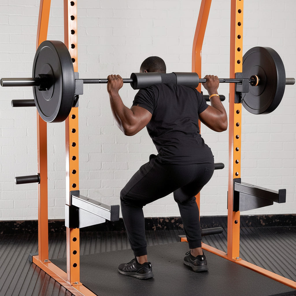 Person performing a barbell squat in a gym setting