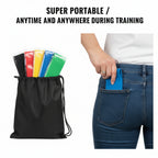 Person holding a blue device in their pocket with colorful folders and a black drawstring bag on a white background.