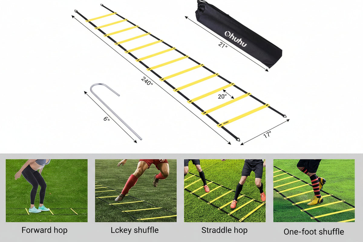 Yellow and black agility ladder with measurements and usage examples on a white background
