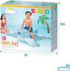 Intex inflatable toy packaging with a child and dolphin design on a beach scene.