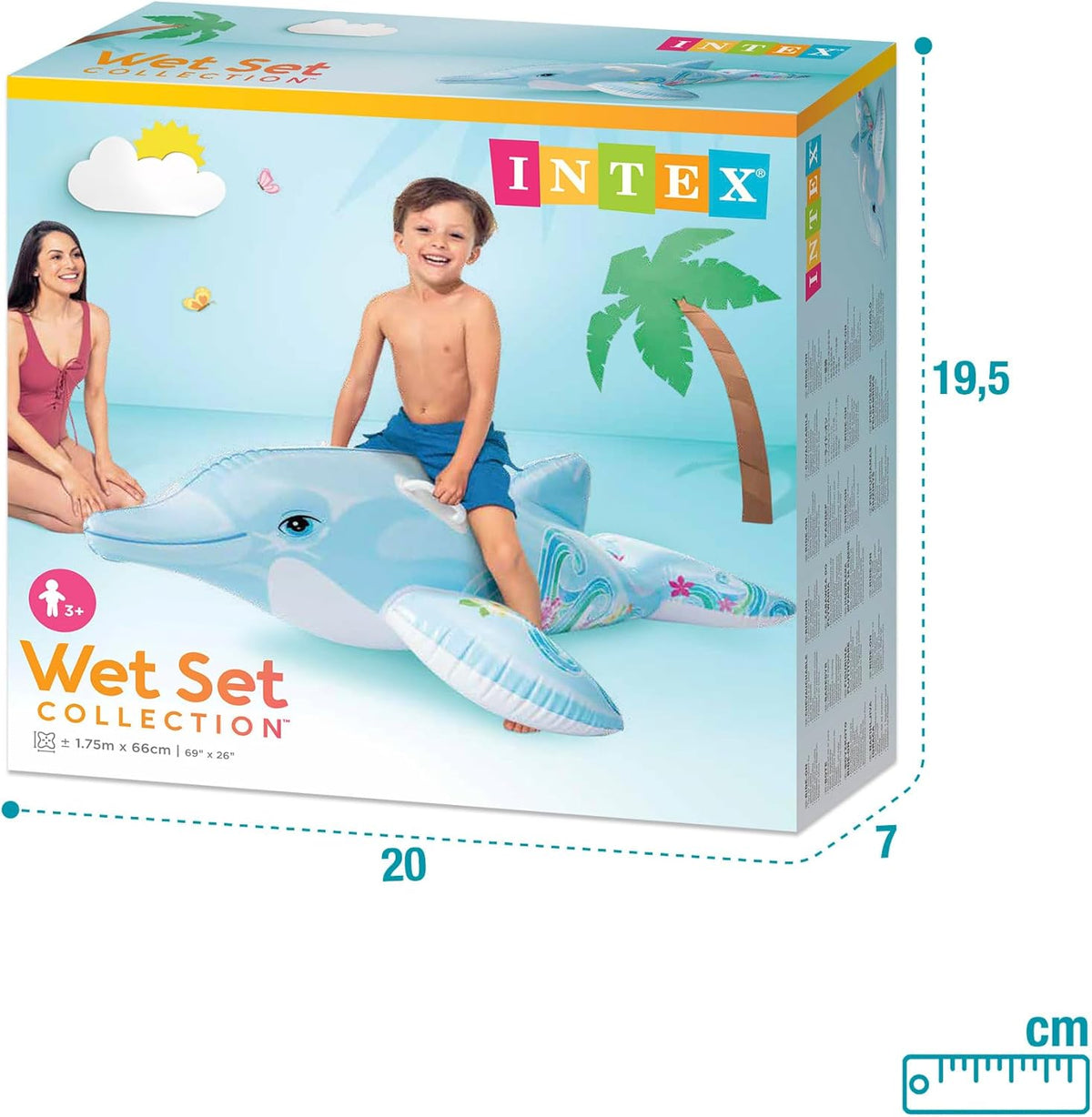 Intex inflatable toy packaging with a child and dolphin design on a beach scene.