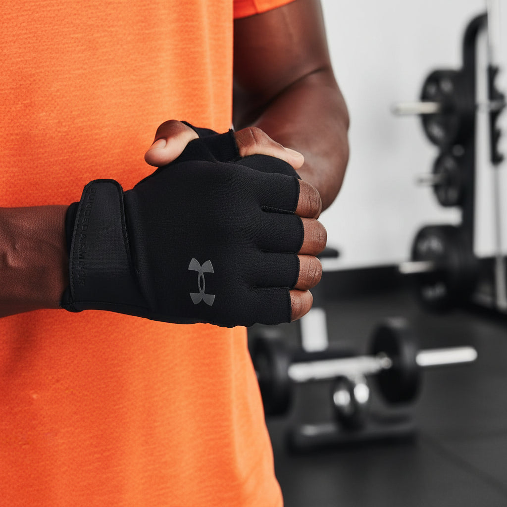 Person wearing black Under Armour gloves with an orange shirt in the background