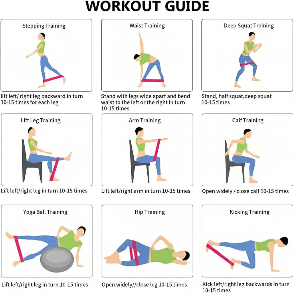 Workout guide with various exercises illustrated for different body parts.
