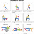 Workout guide with various exercises illustrated for different body parts.