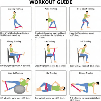 Workout guide with various exercises illustrated for different body parts.