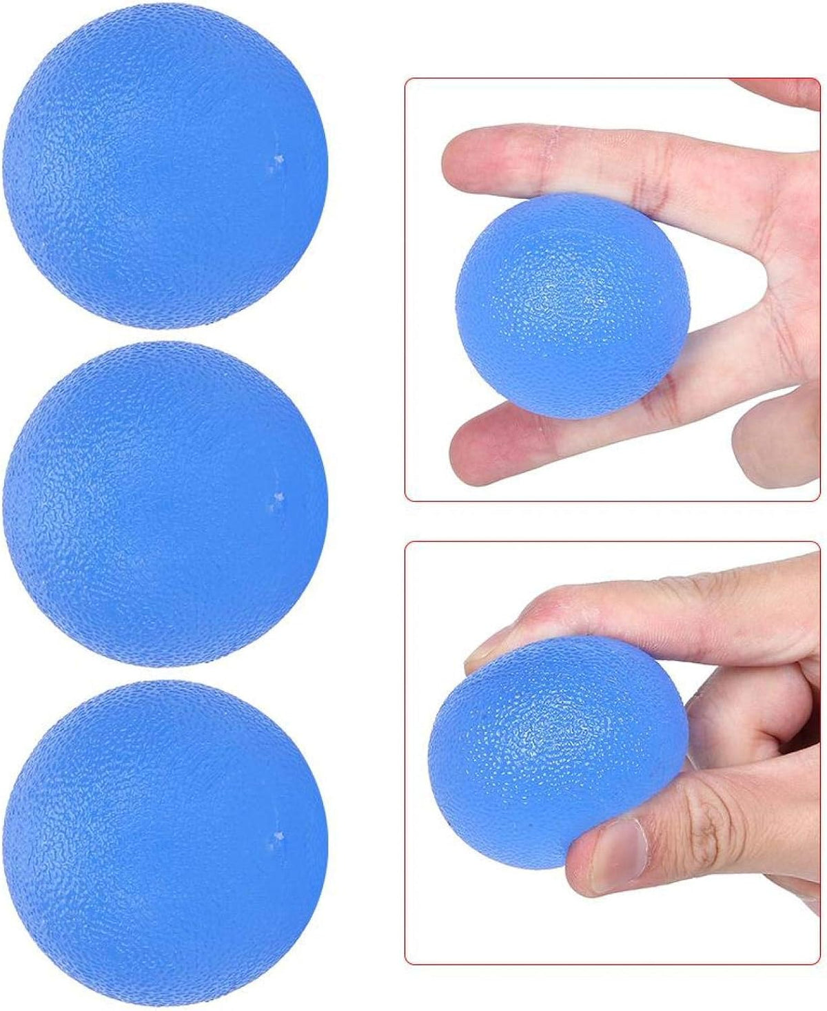 Blue stress balls with close-up images of hands holding them.