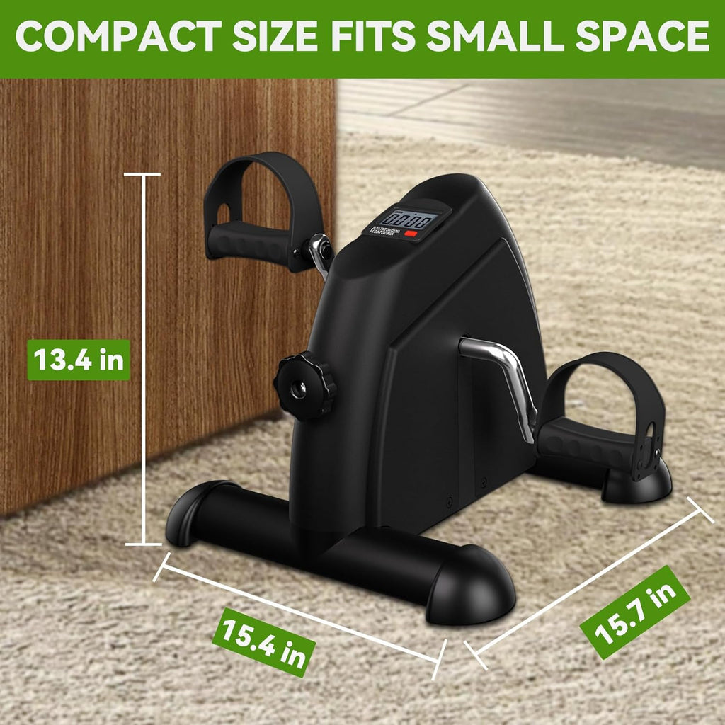 Compact exercise bike with dimensions indicated on a carpeted floor.