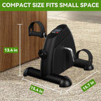 Compact exercise bike with dimensions indicated on a carpeted floor.