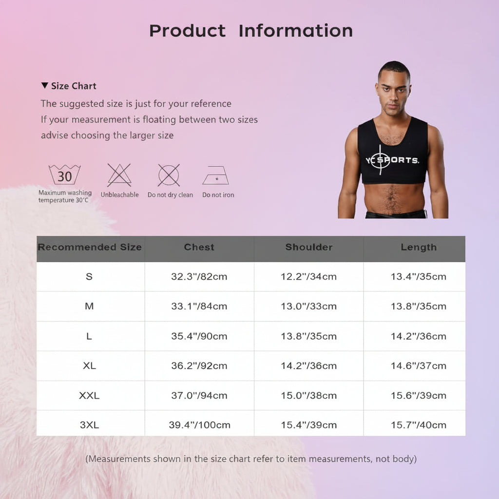Product information and size chart graphic for a black tank top, featuring a male model wearing the garment on the right and a chest measurement table on the left with size options S through 3XL, chest, shoulder, and length measurements.
