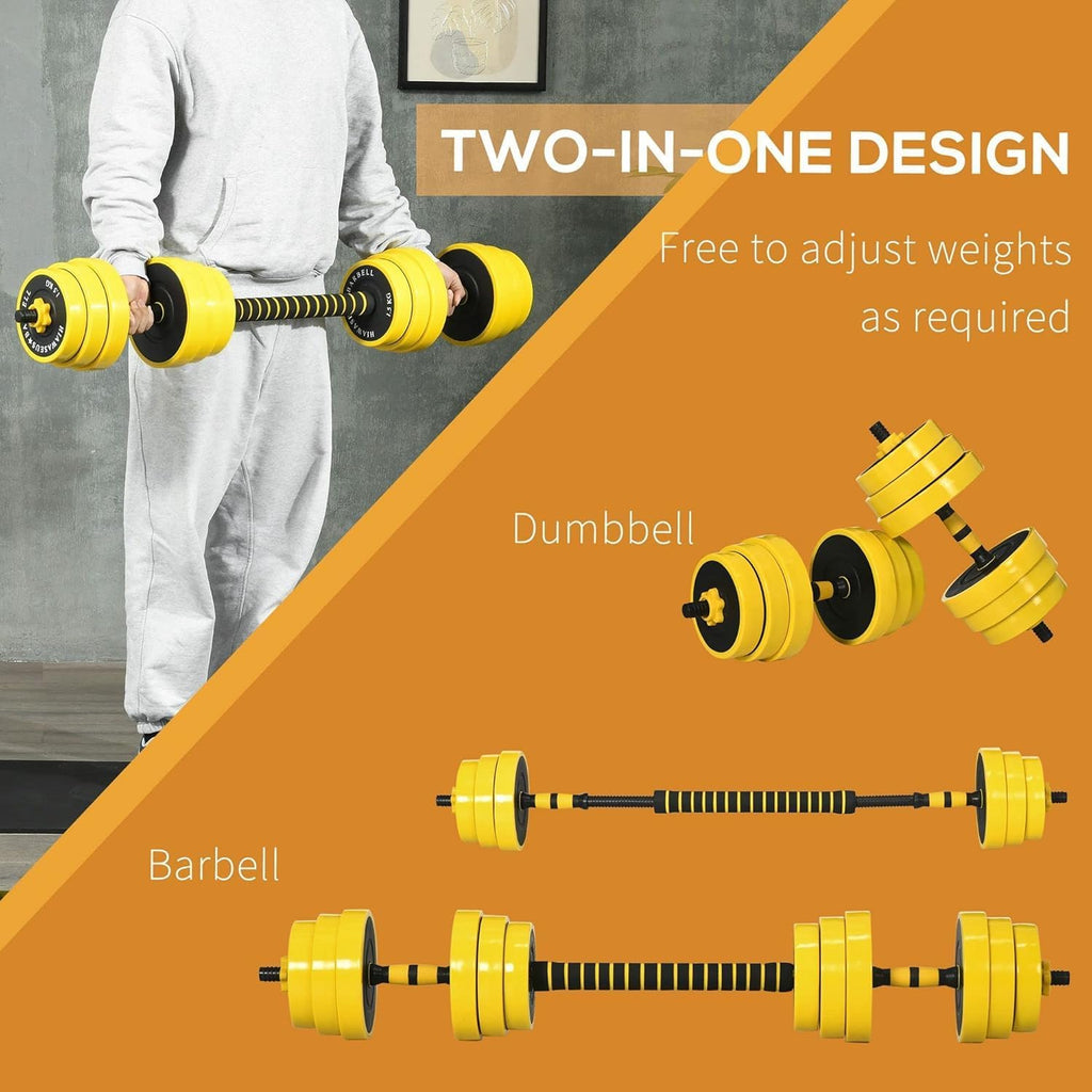 Yellow dumbbell and barbell set with adjustable weights, shown in use and as components.