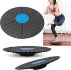 Black balance board with blue center and inset of a person using it.