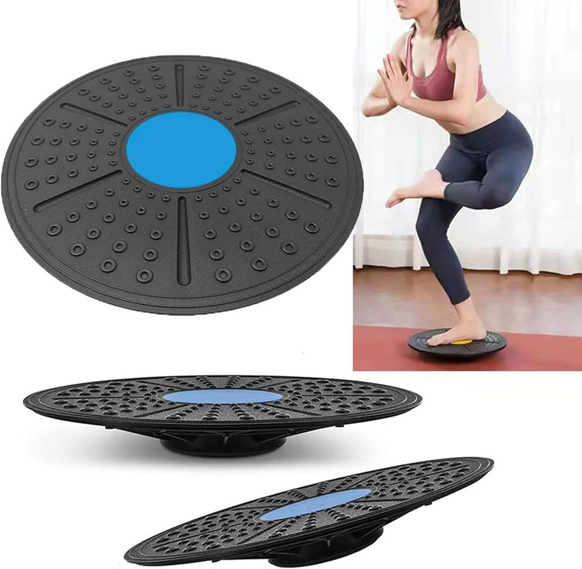 Black balance board with blue center and inset of a person using it.