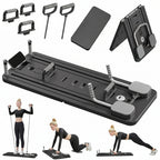 Black exercise board with various attachments and examples of use on a white background