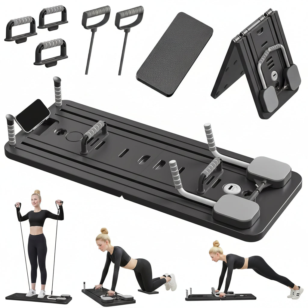 Black exercise board with various attachments and examples of use on a white background
