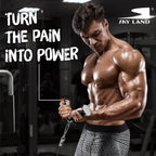 Muscular man exercising with resistance band in gym setting, 'Turn the Pain into Power' text, Sky Land logo.