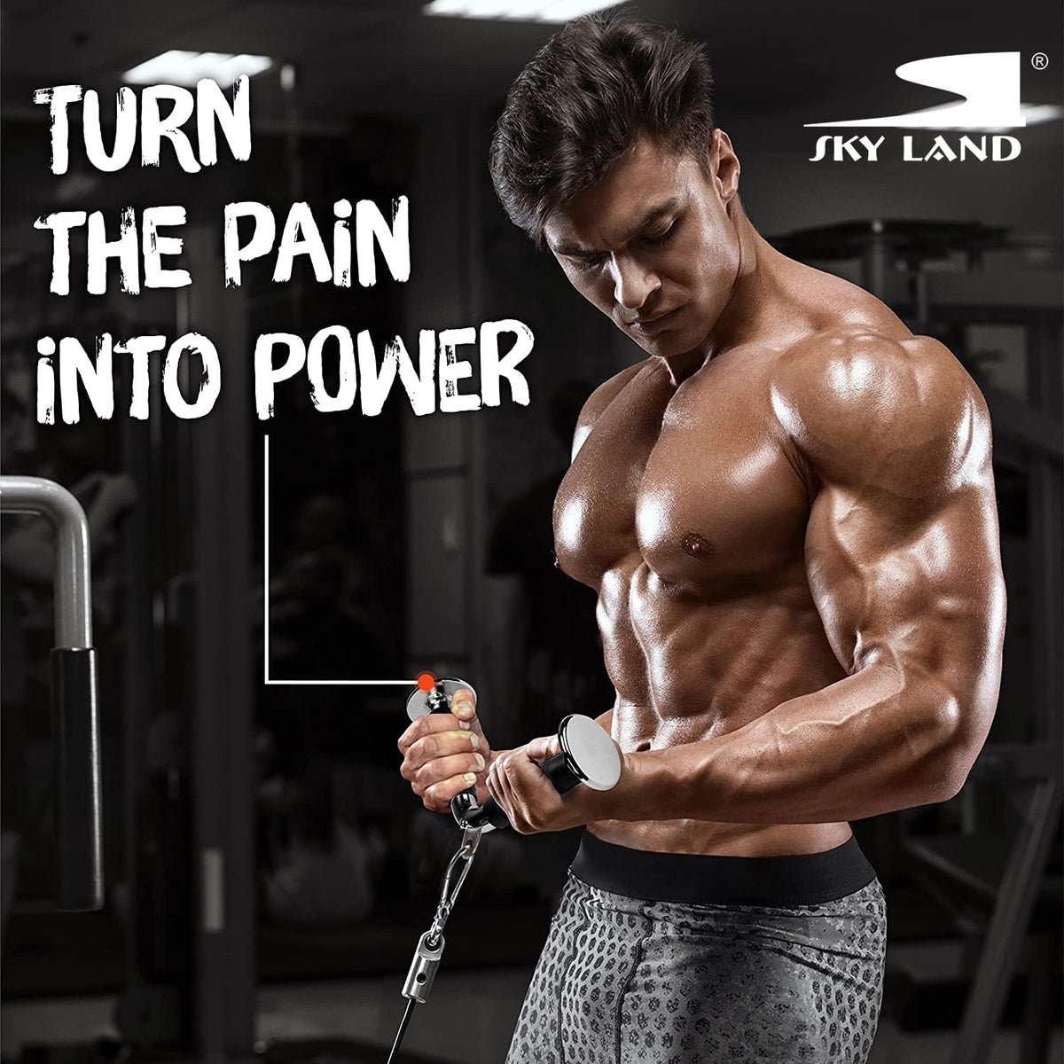Muscular man exercising with resistance band in gym setting, 'Turn the Pain into Power' text, Sky Land logo.