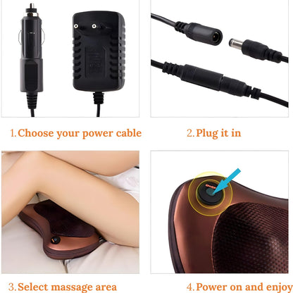 Four-panel instructional graphic showing how to use a massage chair power adapter: choosing the power cable, plugging it in, selecting a massage area on a person's leg, and turning the chair on. The panels include orange numbered text and close-up product views.
