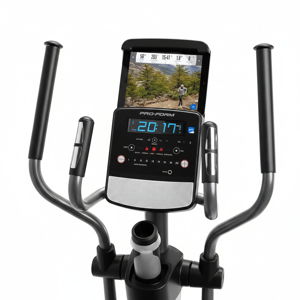 Person using a ProForm elliptical machine with a digital display.