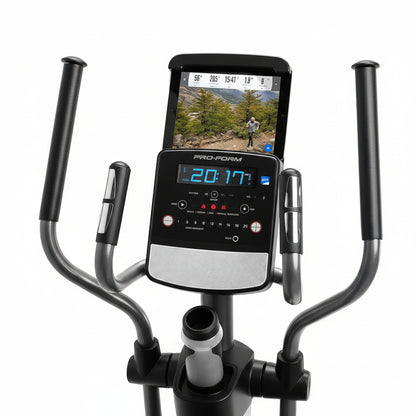 Person using a ProForm elliptical machine with a digital display.