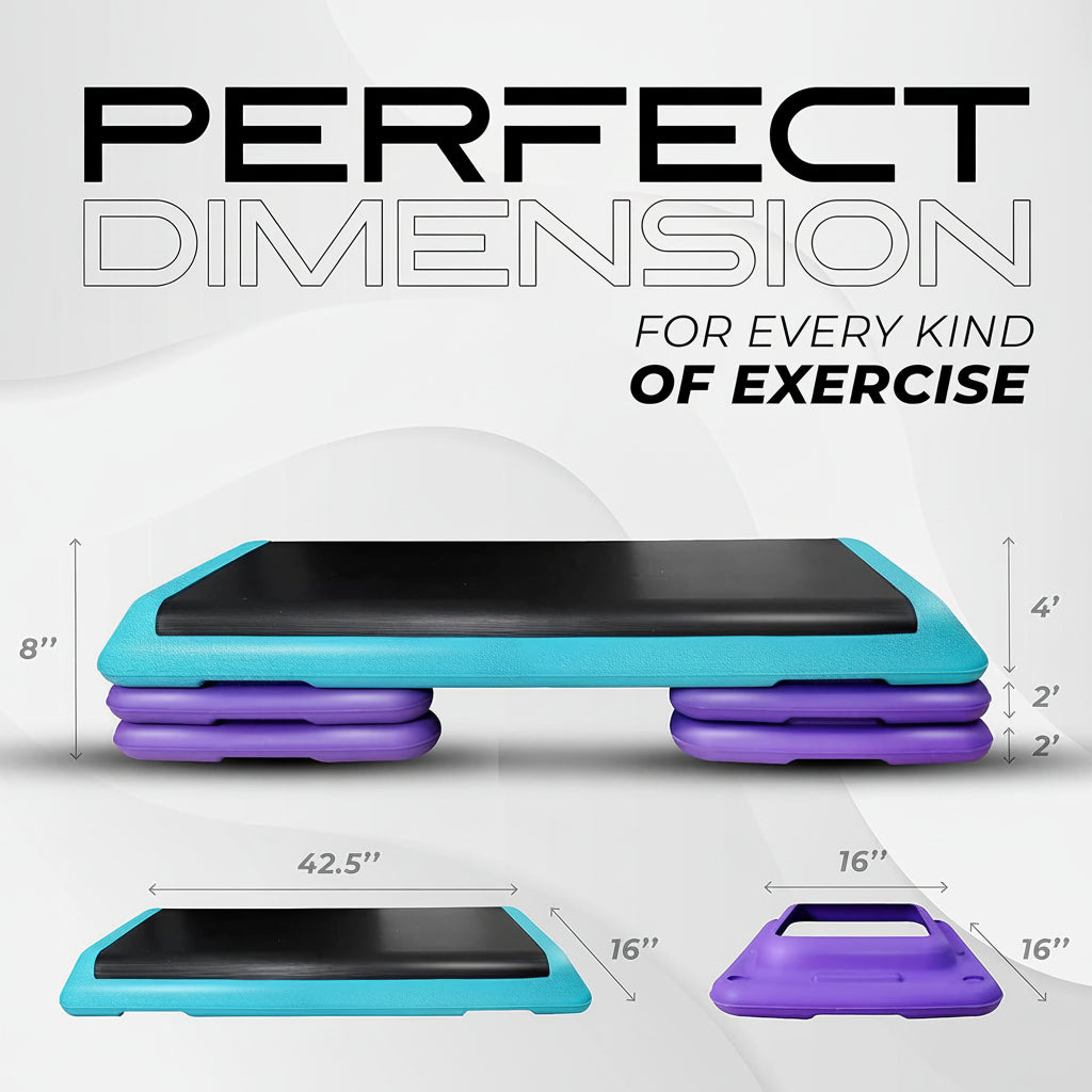 Step platform with dimensions labeled, featuring text 'Perfect Dimension for Every Kind of Exercise'.