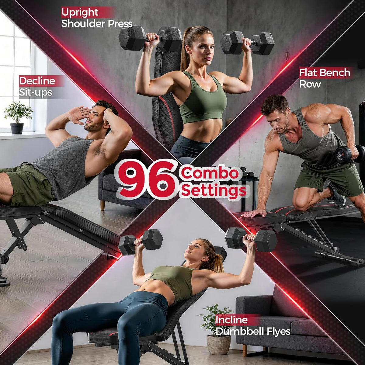 Collage of people exercising with dumbbells and gym equipment, featuring text about 96 combo settings.