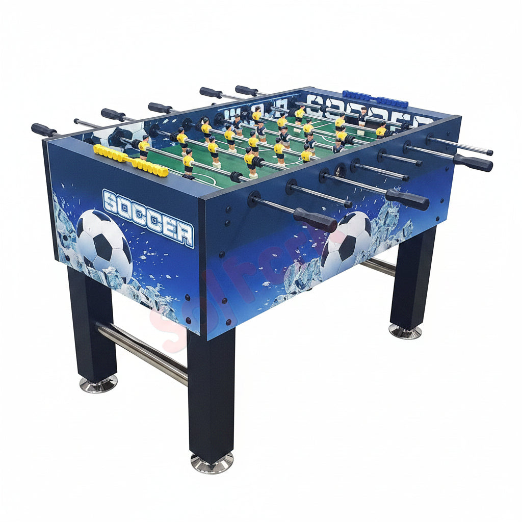 Foosball table with players and a soccer ball design on the side.