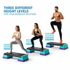 Step platforms with three different height levels for workouts, featuring people using them.