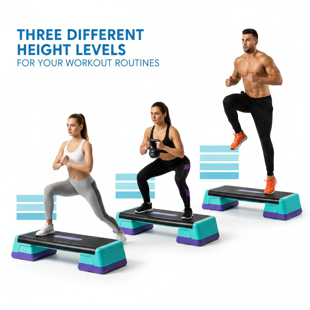 Step platforms with three different height levels for workouts, featuring people using them.