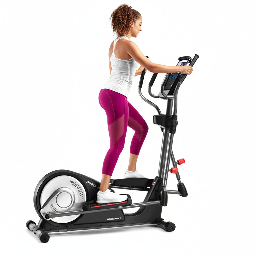 Woman exercising on a ProForm elliptical trainer with a Fit Coach app inset.
